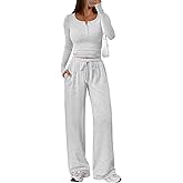 Trendy Queen Women's 2 Piece Matching Lounge Sets Long Sleeve Henley Neck Slightly Crop Top Wide Leg Pants Casual Sweat Suit