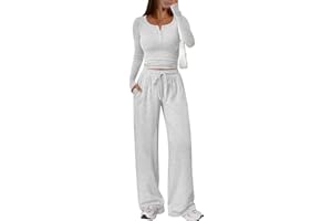 Trendy Queen Women's 2 Piece Matching Lounge Sets Long Sleeve Henley Neck Slightly Crop Top Wide Leg Pants Casual Sweat Suit