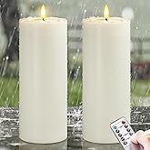 Wroxipel Waterproof Flickering Plastic Flameless with Cycle Timer & Remote Control, Pack of 2 Fake Battery Operated Candle Grease Outdoor Pillar LED Candles (Ivory, 4" x10")