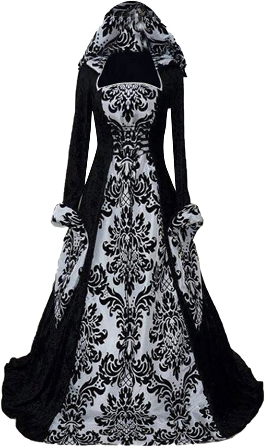 Feynman Women's Retro Medieval Dress with Trumpet Sleeves, Medieval Victorian Queen Dresses, Renaissance Gothic Maxi Dress, Carnival, Halloween Party, Princess Costume, Black and White, S — image 1
