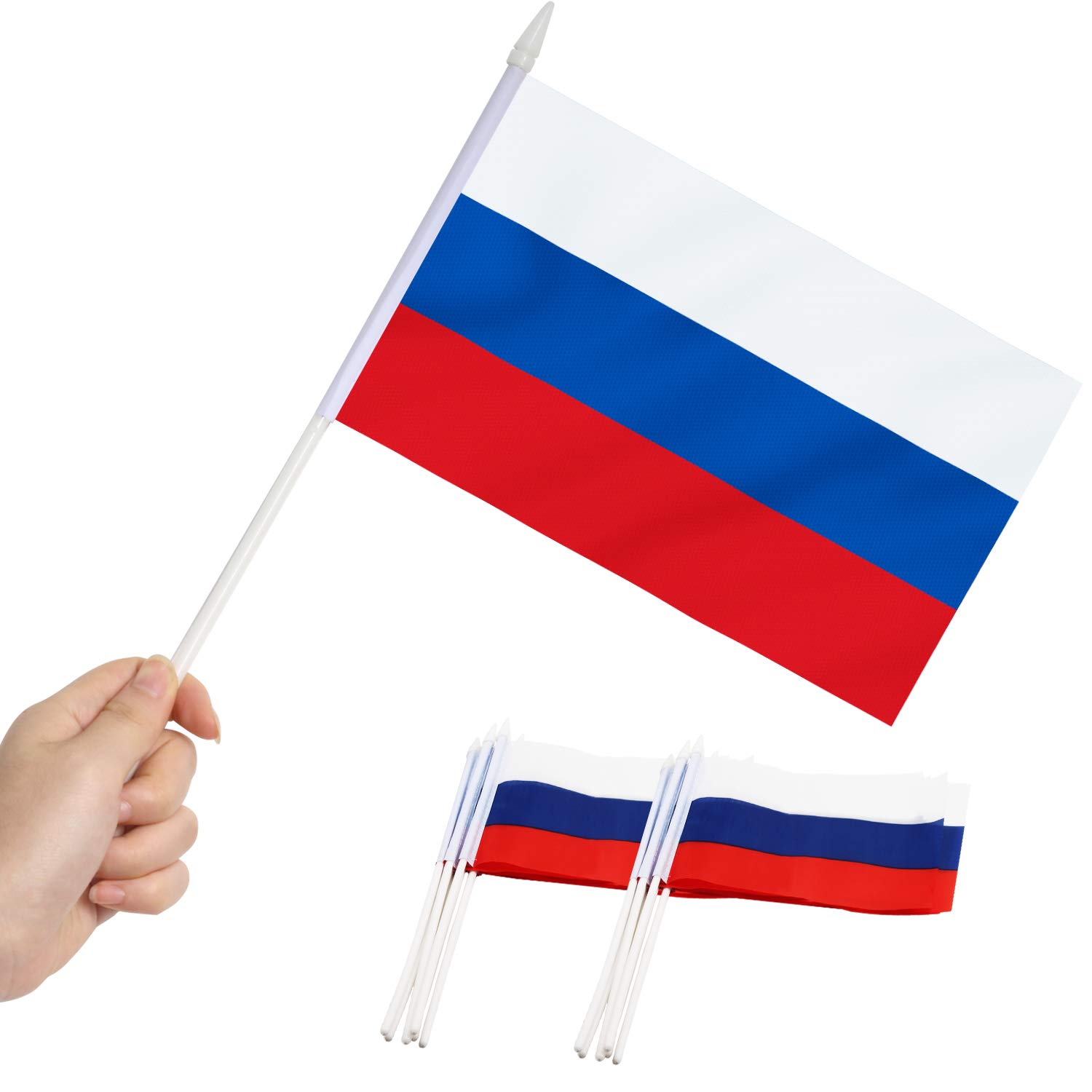 Russia Stick Flag, ANLEY Russian 5x8 inch (12 X 20cm) HandHeld Mini Flag With 12" (30cm) White Solid Pole - Vivid Color and Fade Resistant - 5 x 8 inch Hand Held Stick Flags With Spear Top (1 Dozen)