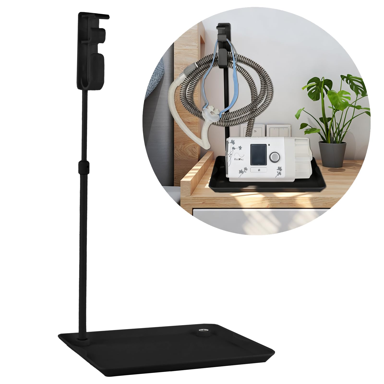 Photo 1 of CPAP Hose Holder for Bed - (Wall-Damage-Free) Black CPAP Machine Protective Tray with Adjustable Height Hook for Hanging Mask & Accessories to Keep Bedside Tidy