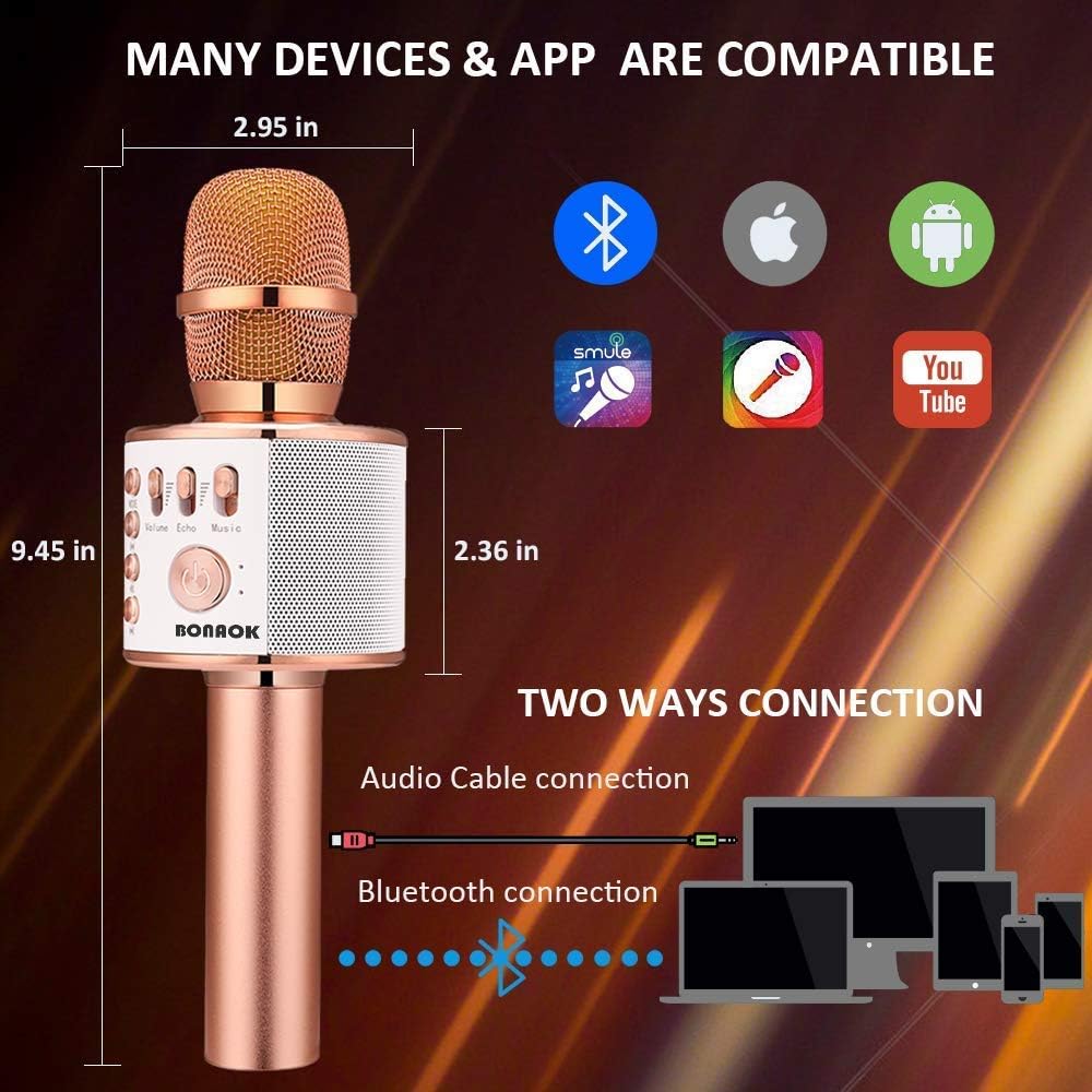 BONAOK Wireless Bluetooth Karaoke Microphone,3-in-1 Portable Handheld Karaoke Mic Speaker Machine Christmas Birthday Home Party for Android/iPhone/PC or All Smartphone(Q37 Rose Gold): Musical Instruments