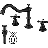 gotonovo Bathroom Faucet 3 Hole 8 Inch Widespread Bathroom Sink Faucet 2 Cross Handles Vintage Lavatory Vanity Mixer Tap with Pop Up Drain, HOT Cold Label, Matte Black
