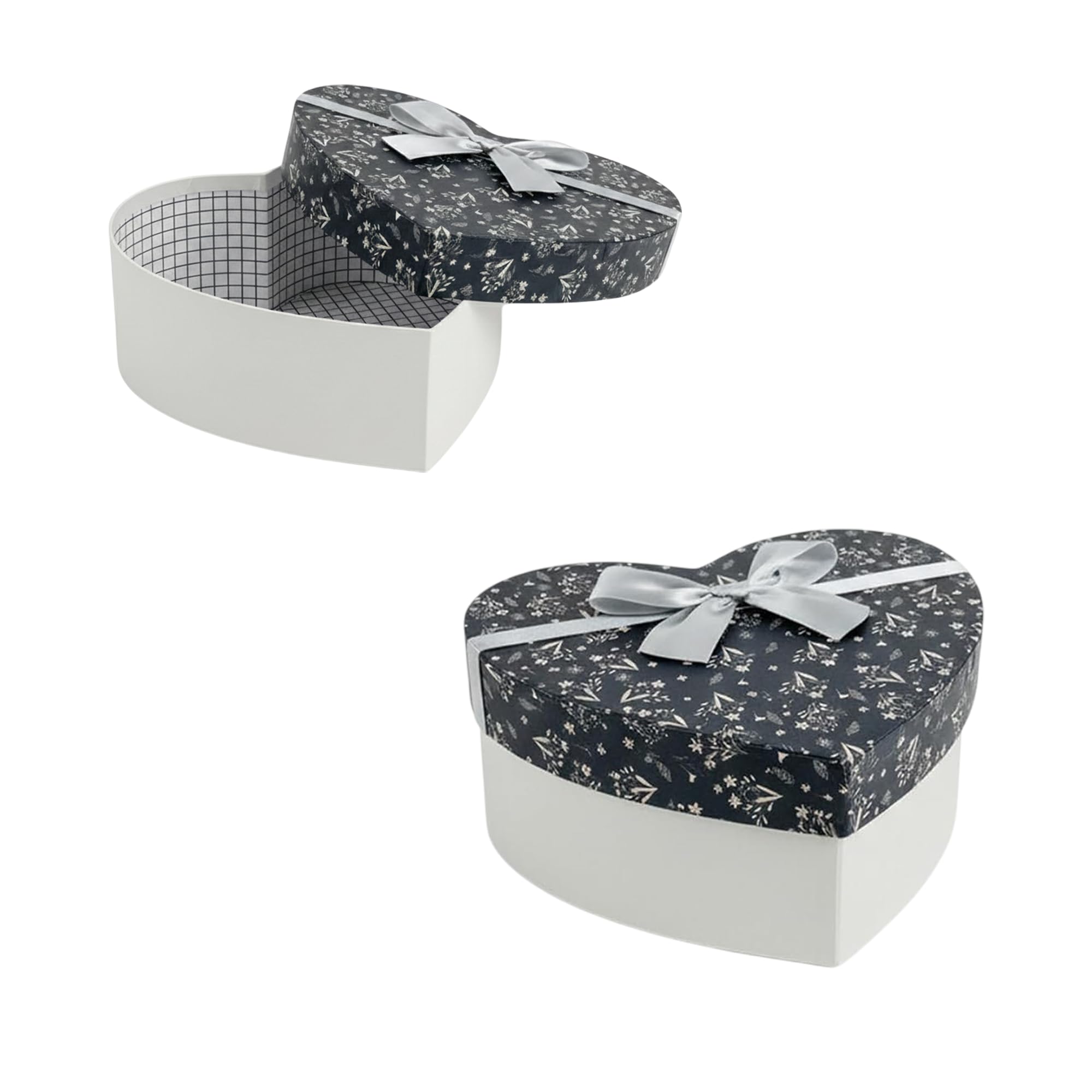 Emartbuy Rigid Heart Shaped Gift Box with Lid – Grey Box with Floral Print Lid & Silver Bow Ribbon, Small Size - 3 (18.8 x 17 x 7.8 cm) – Elegant Gift Box for Jewellery, Chocolates & Romantic Gifting