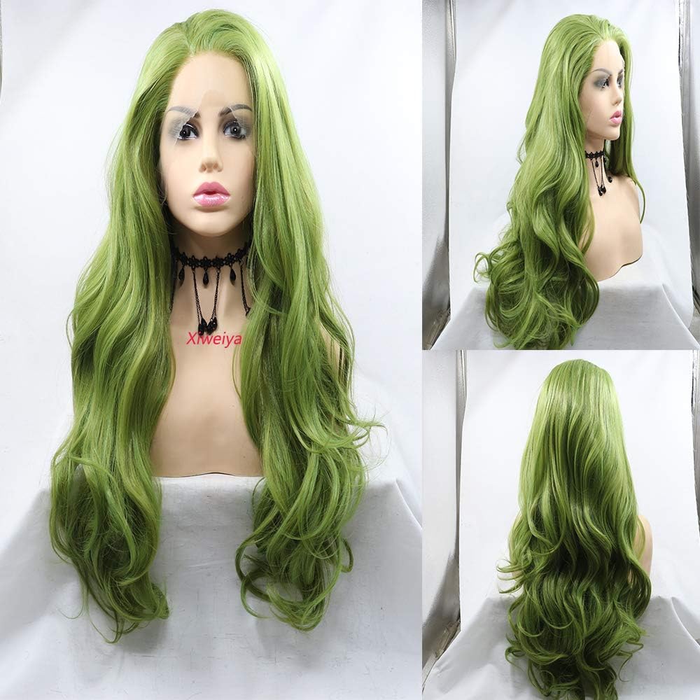 Xiweiya Olive Green Curly Lace Front Wig Long Wavy Grass Green Lace Front Wigs Natural Looking Half Hand Tied Wigs Heat Resistant Fiber Hair Drag queen Christmas wig 24 inches