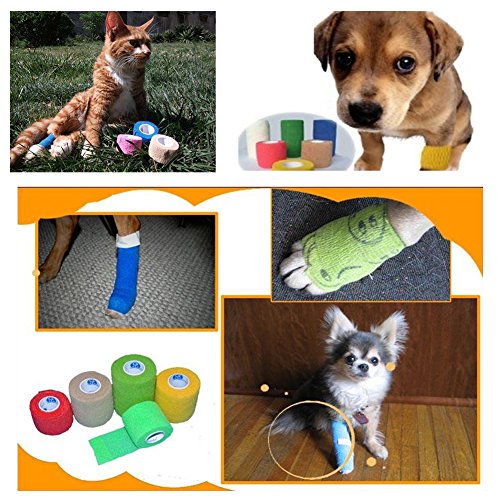 Patgoal Pet Self Adherent Bandage, 4 Pack Cohesive Bandage Non-woven Fabric Elasticity Gauze Rolls Self Adhering Stick Bandage Wrap Medical Vet Tape for Pet Animals in Random Colors