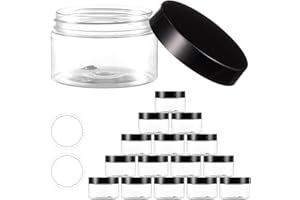 16 Pack 4 OZ Plastic Jars With Black Lids, Elumeiro Clear Empty Cosmetic Container Round Cream Jar with Stickers For Storage Lotion, Scrubs, Powder, Ointment, Makeup, Candy, Slime
