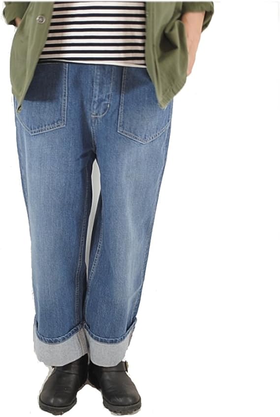 Amazon 裾 折り返し ダボっとシンプルストレートなデニムパンツ レディース ワークワイドパンツ ノンストレッチデニム Lサイズ 少し大きめ Usedblue C ジーンズ 通販