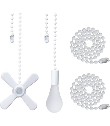 Sunswan Ceiling Fan Pull Chain Set – 2-Pack With Beaded Ball, 13.6" & 12.5" Lengths, Fan & Light Bulb Shape Pendants, All-Copper Metal, White Finish