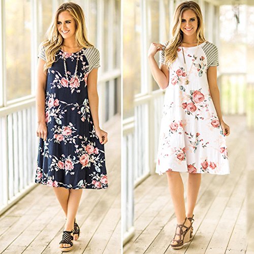 Poptem Womens Midi T-Shirt Dresses Short Sleeve A-Line Ruffles Floral Print Casual Summer Beach Loose Sundresses - Thumbnail 4
