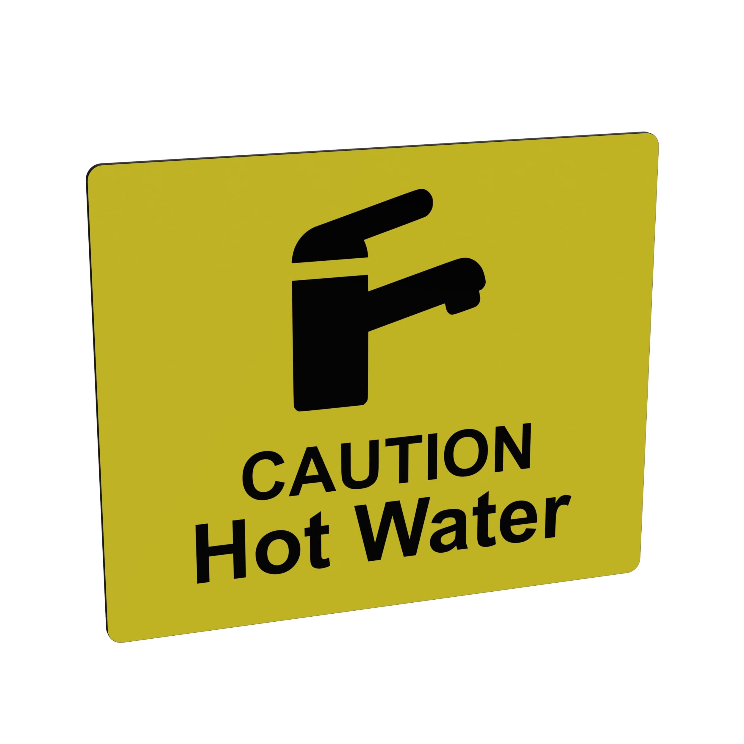 Caution Hot Water Tap Sink Sign Adhesive Sticker Notice, High Visibility Yellow Engraved Black with Universal Icon Symbol and Text (Size 12cm x 10cm)