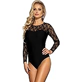 ohyeah Women Plus Size Floral Lace Long Sleeve Bodysuit Crew Neck Basic Bodysuit Top
