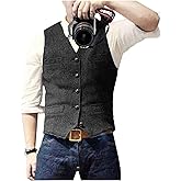 Ceehuteey Mens Suit Vest Waistcoat Tweed Retro V Neck Wool Herringbone for Prom