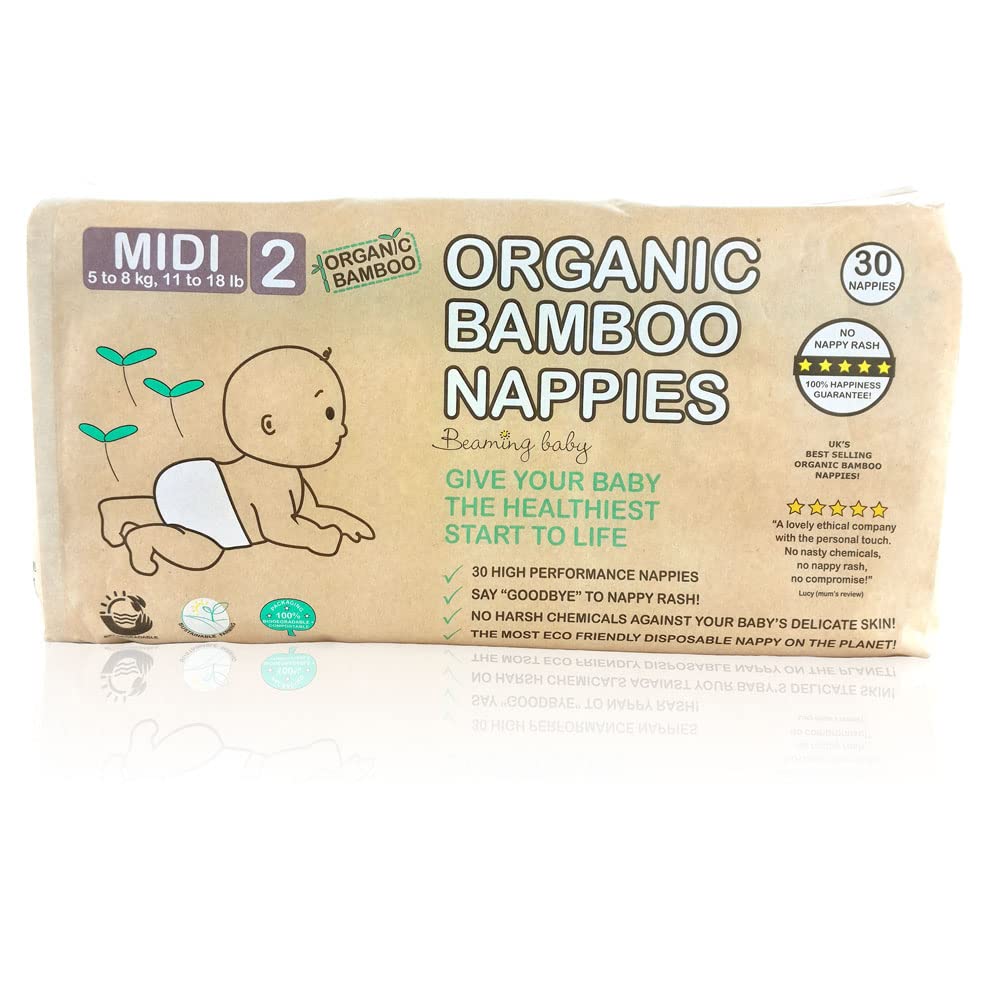 Beaming Baby Organic Bamboo Eco Nappies Size 2 (5-8 kg/11-18 lb) 30 in Pack. Biodegradable, Hypoallergenic for Sensitive Skin, Recyclable Paper Packaging