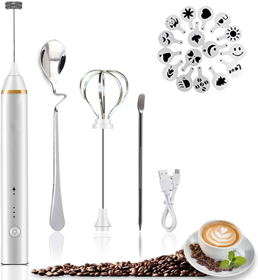 iMustech Milk Frother Electric Coffee Foam Maker with 2 Whisk,16 Different Coffee Stencils 1 Spoon 1 Needle, Handheld Mini Milk Frother Egg Beater for Latte Cappuccino Hot Chocolate,1.5W,White