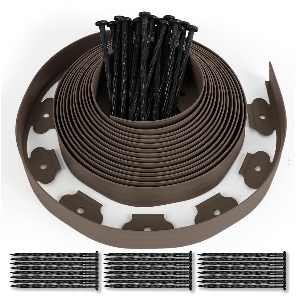 EUBSWA 10M Plastic Garden Fence with 50 Pegs, Flexible Garden Edging Idea for Pavers, Height 5 cm, Thickness 4 mm, Brown