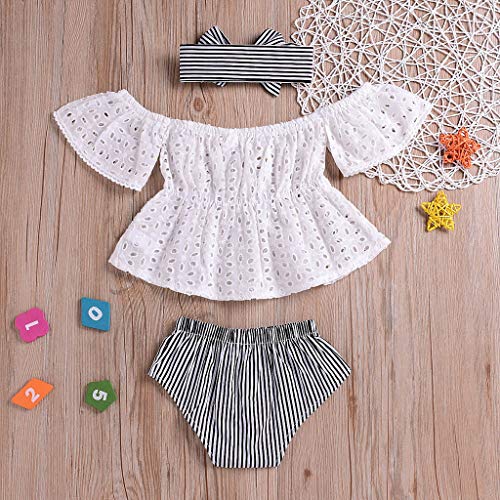 NUWFOR Infant Baby Girls Off Shoulder Solid Lace Tops+Striped Shorts+Headband Outfits (White,18-24 Months)