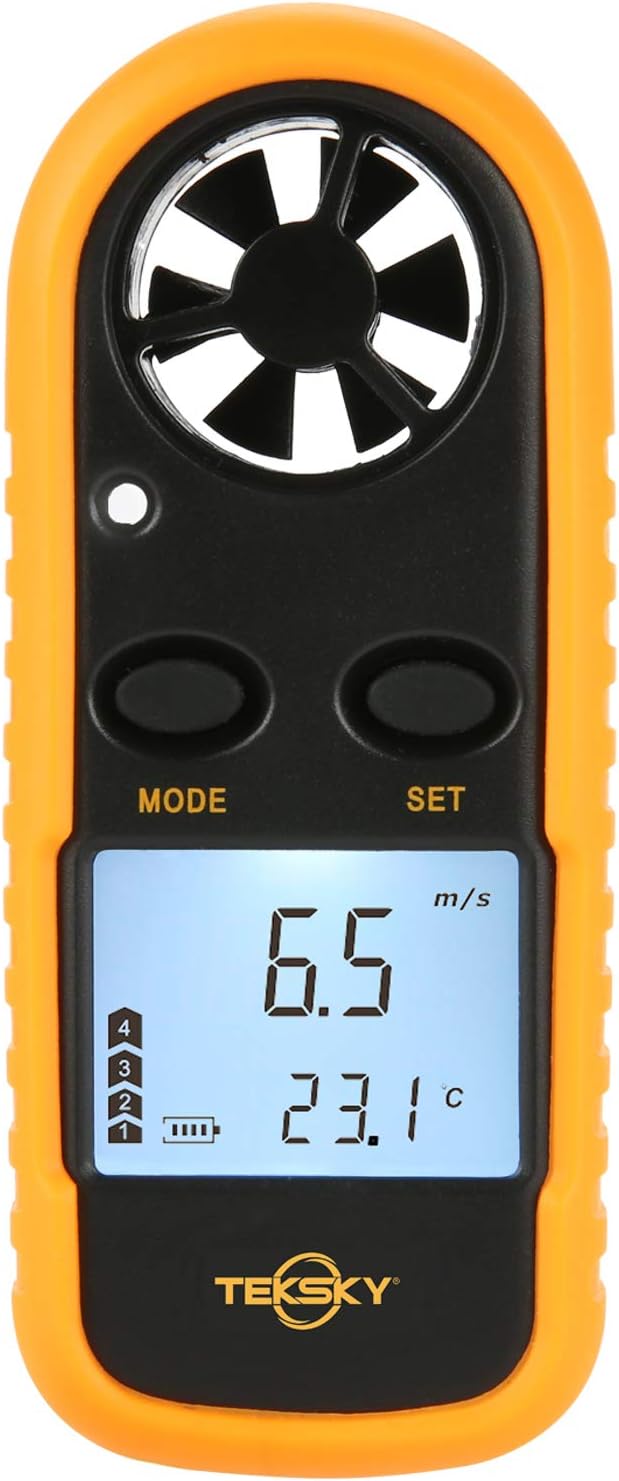 TekSky GM816 Handheld Digital Anemometer - Portable, Backlit LCD, Non-Slip Sleeve, 3V Battery Included - 5 Units Switchable Multifunctional Gauge for Gardening, Windsurfing, Outdoor Activities