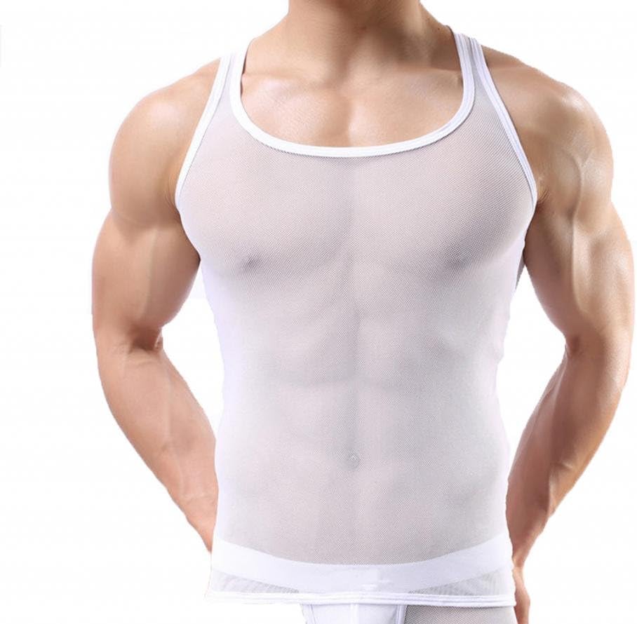 OUYE Men's Mesh See-Through Tank Top Vest Medium White