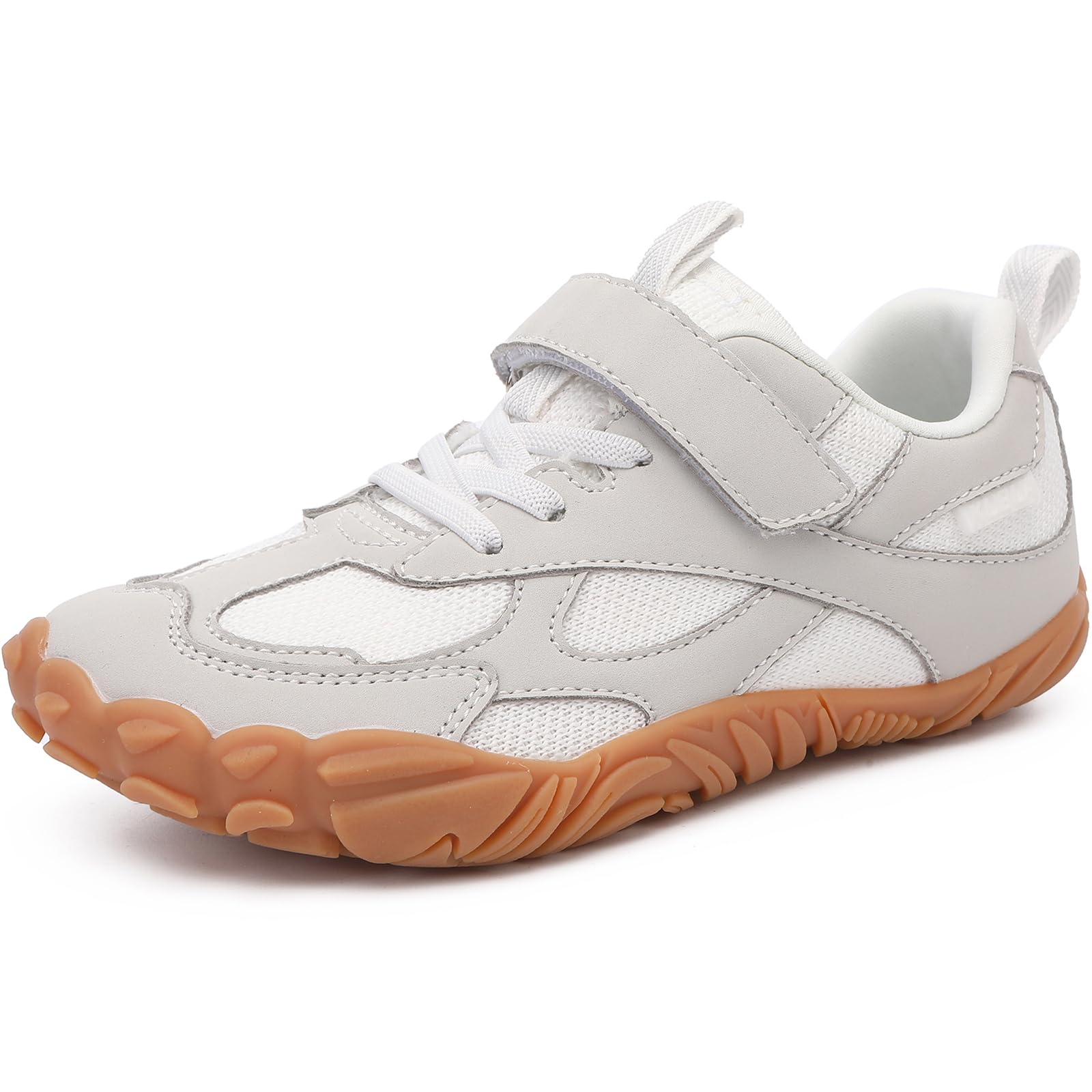 KUBUA Kids Barefoot Shoes Boys Girls Minimalist Zero Drop Sneakers for Tennis Hiking Sports Running Walking Athletic White Brown 6 Big Kid Image