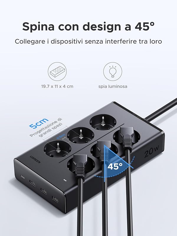 10 IN 1 Ciabatta Multipresa Elettrica 6 Prese AC 4USB 3680W Tipo E F