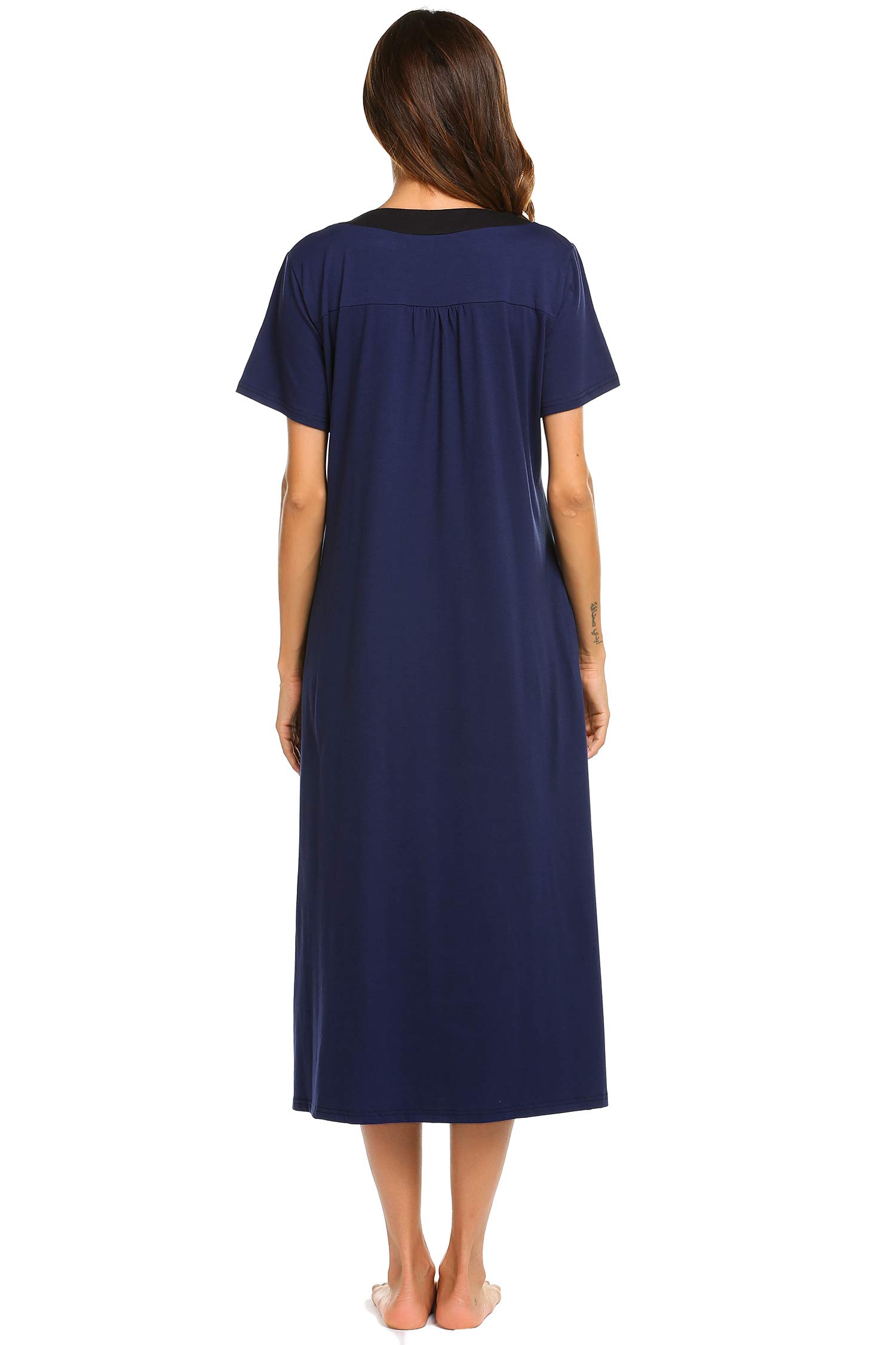 Ekouaer Womens V-Neck Cotton Nightgown Oversized Loose Fit Long Sleep Dress, Navy Blue, Small