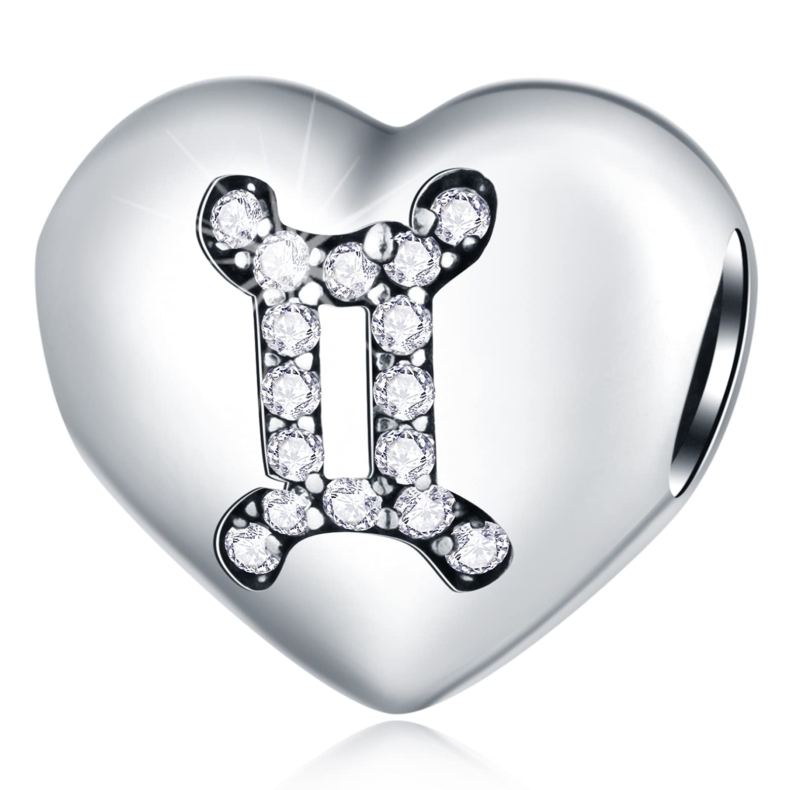 Gemini Zodiac Sign Charms, fits Pandora Birthday Bracelet, 925 Sterling Silver Heart Beads I Love My Constellation with CZ, Gem Star Horoscope Gifts for Wife/Husband/Dad