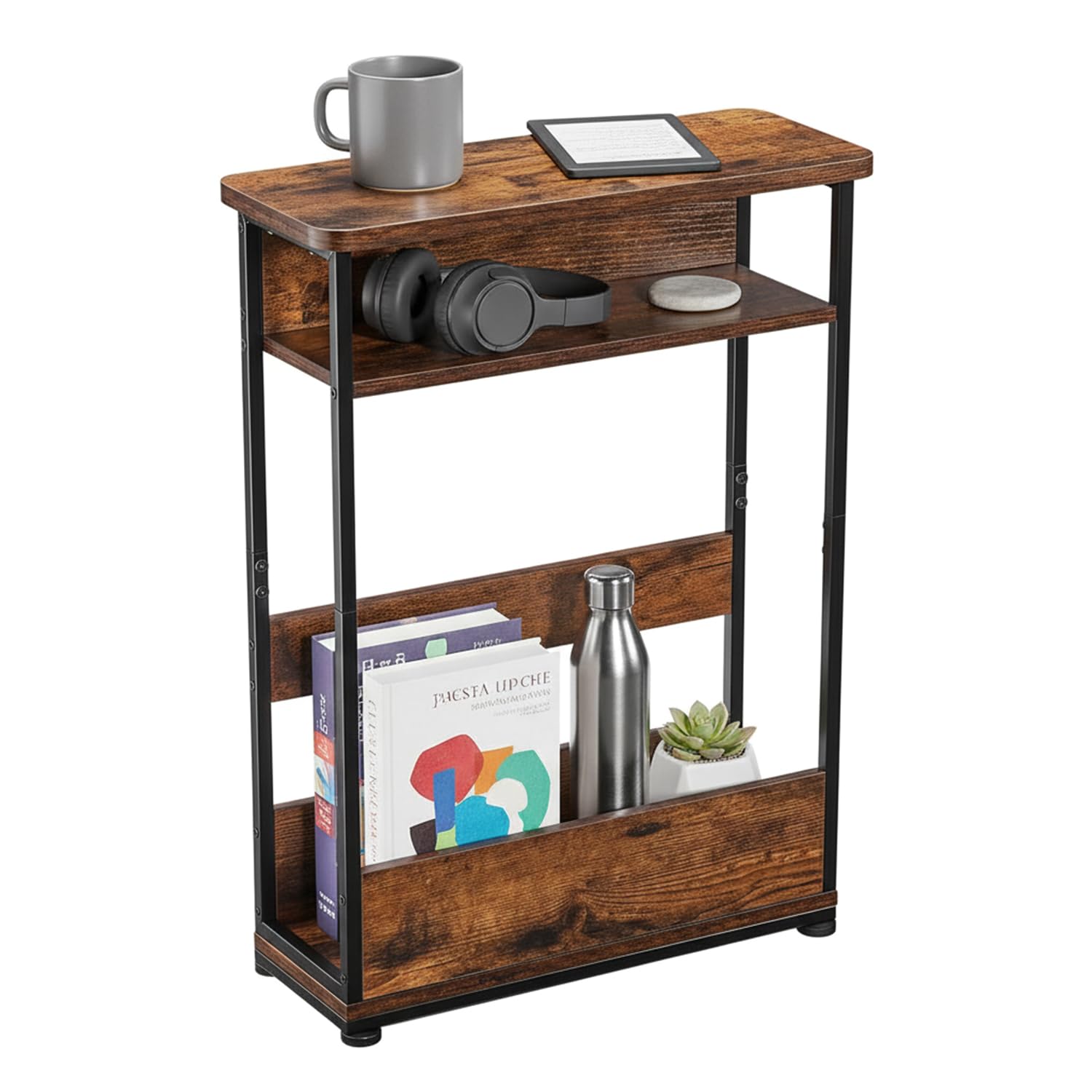 YEAKOO Narrow Side Table for Narrow and Small Spaces, Skinny Bedside Table Small Nightstand with Magazine Rack Space Saving (Rustic Brown, M)