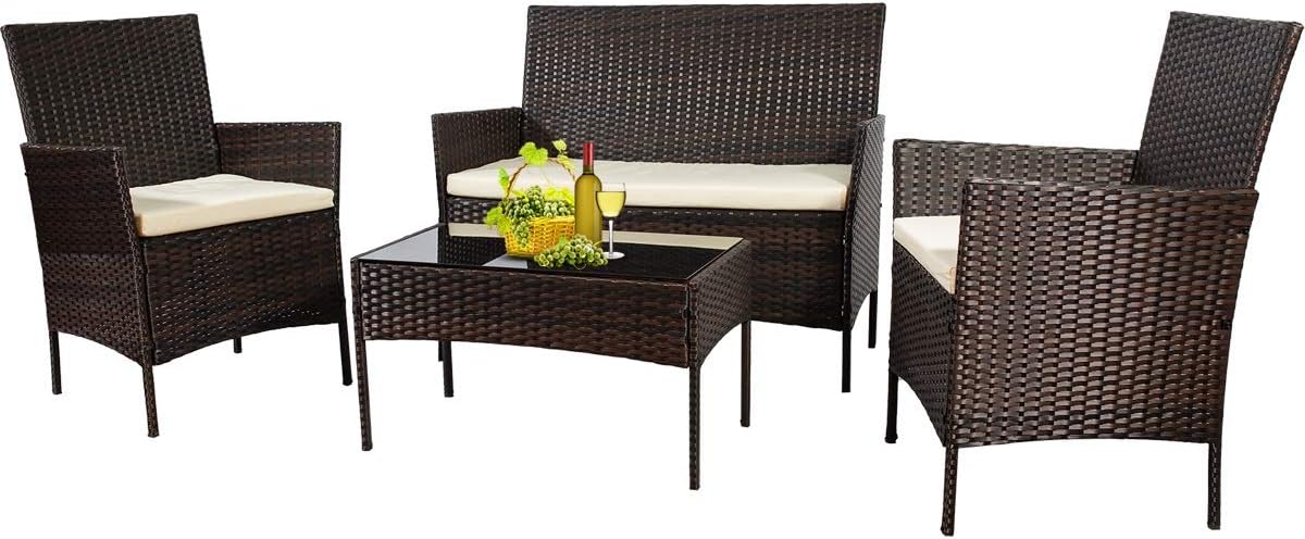 Patio Furniture Sets Outdoor 4 Pieces Indoor Outdoor Use,Conversation Sets with Cushion,Rattan Wicker Chair with Coffee Table for Indoor Backyard Lawn Porch Garden Poolside Balcony (New Brown)