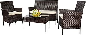 Patio Furniture Sets Outdoor 4 Pieces Indoor Outdoor Use,Conversation Sets with Cushion,Rattan Wicker Chair with Coffee Table for Indoor Backyard Lawn Porch Garden Poolside Balcony (New Brown)