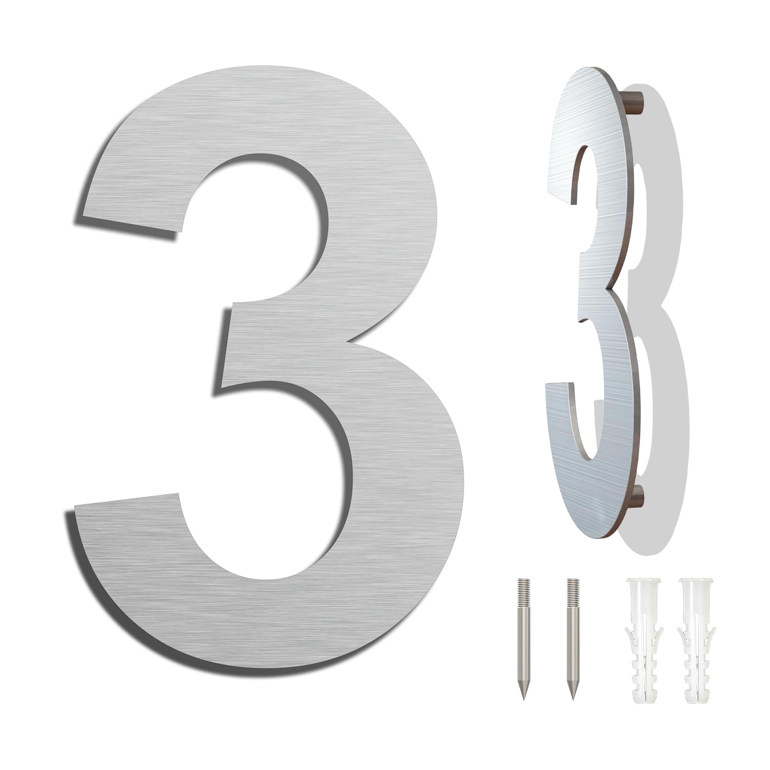 Brushed Modern House Number -4 Inch 102mm Height, Made of Solid 304 Stainless Steel, Floating Appearance and Easy to Install (Number 3 Three)