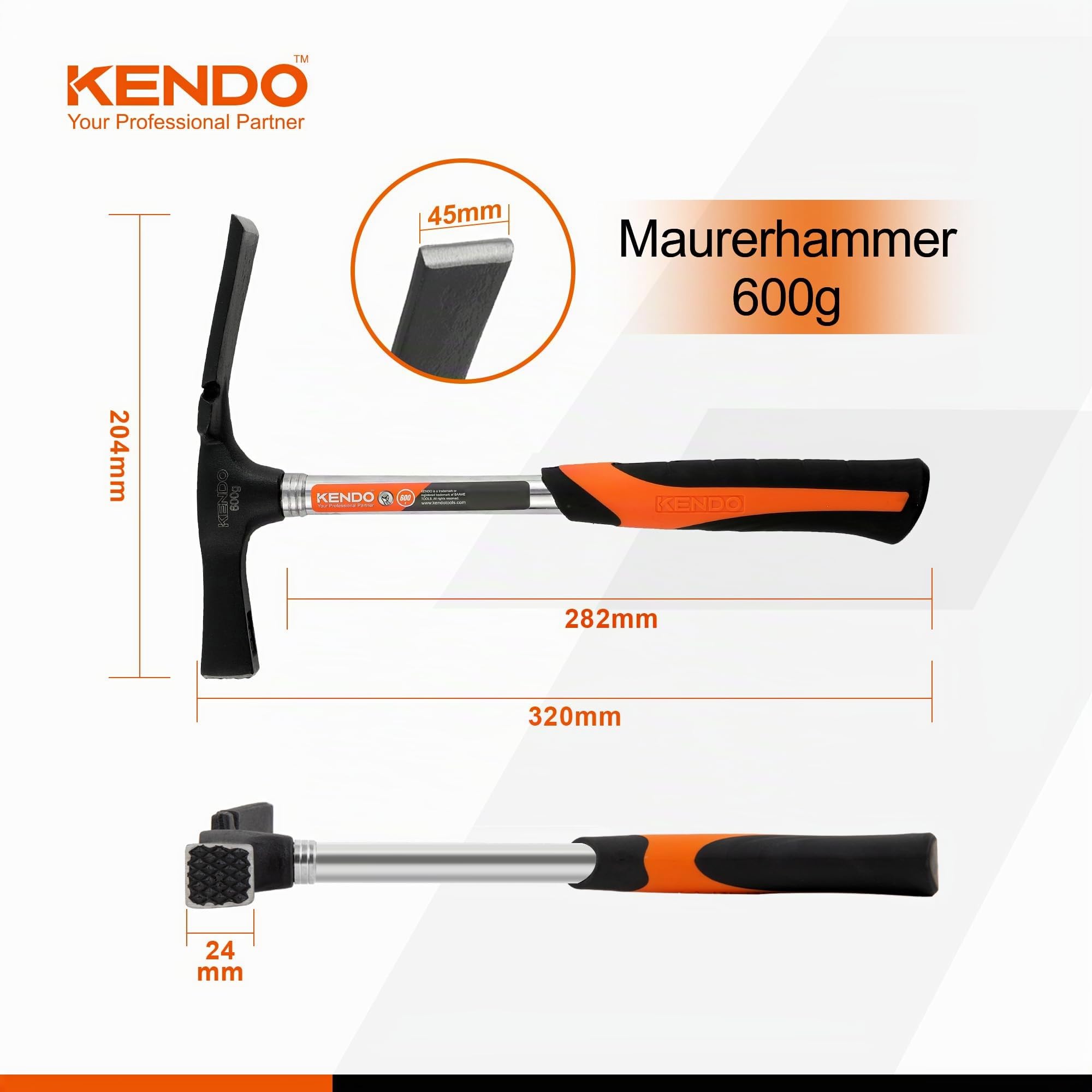 KENDO Maurerhammer 600g - Berliner Form - Länge: 325 mm - 2 Komponentengriff 3