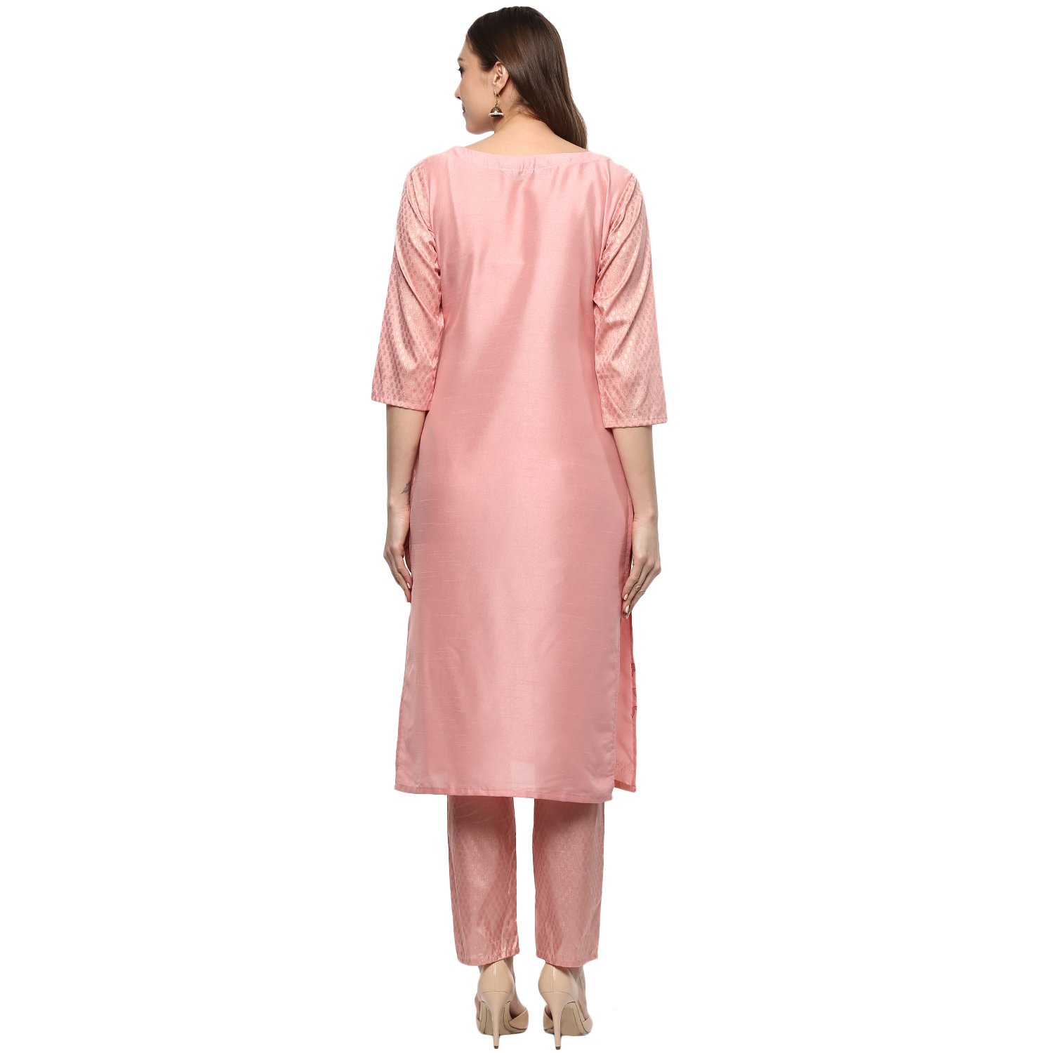 ziyaa women's pink colour straight polysilk gold foil print kurta (zikups2068)