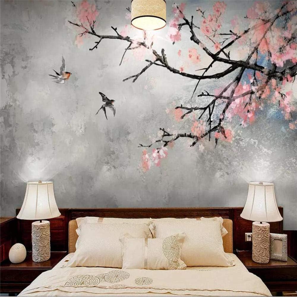 NIdezuiai Customize 4D Mural Wallpaper Wall Decoration,Sakura Hand-Painted Flowers and Birds Background Wall Wallpaper for Children's Room Bedroom Living Room Tv Background Wall Pape,60Cm(H)×120Cm(W)