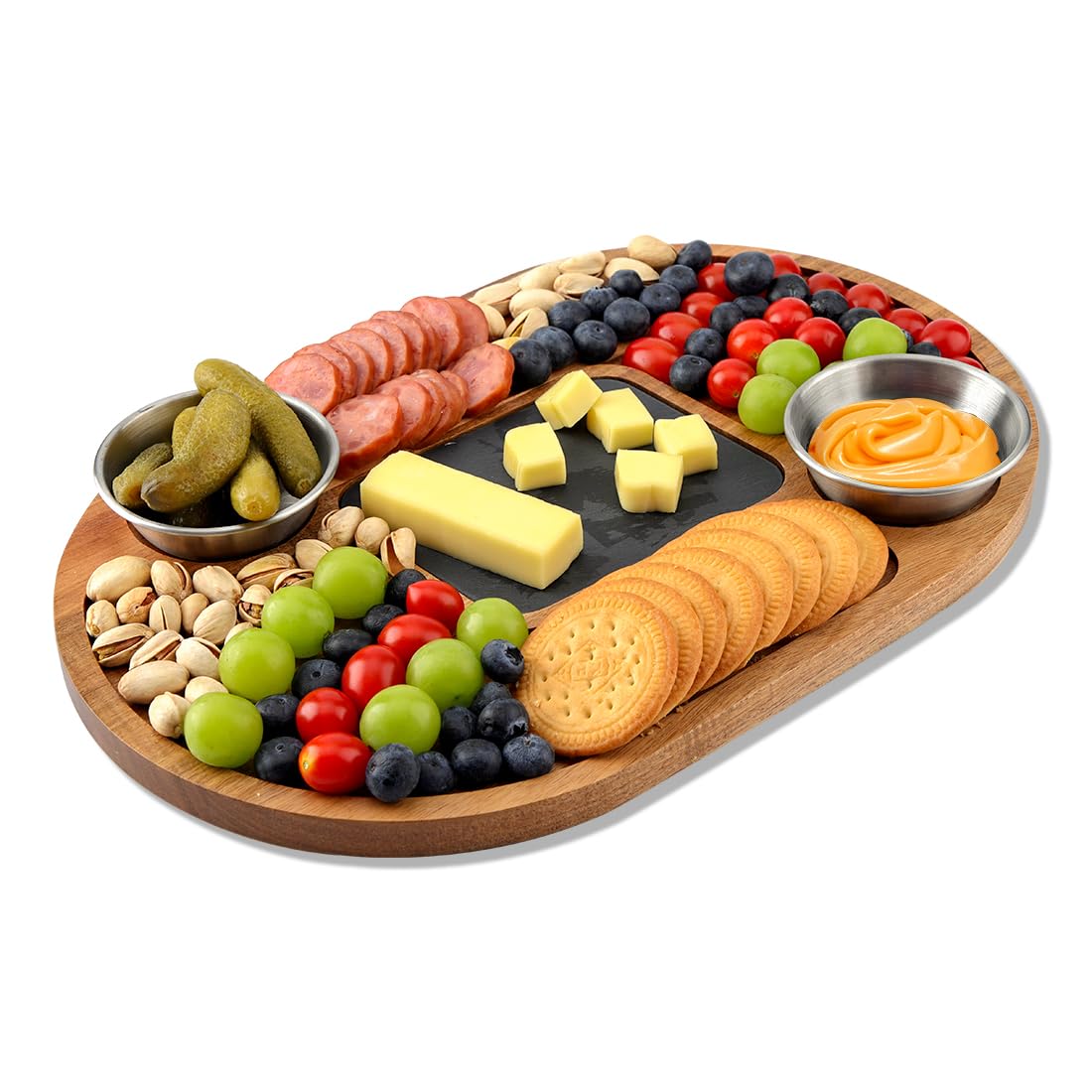 WLWNWFT Acacia Wood Serving Board Wood Serving Platter with Slate 36x24cm 2 Sauces Bowls for Steak Sushi, Steak Plate Slate Serving Plate for Grilling and Serving