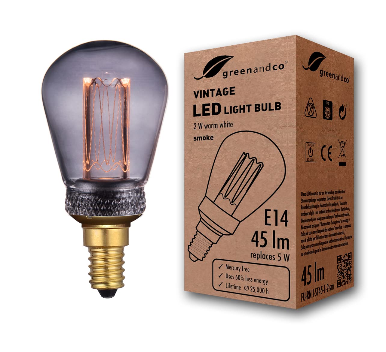 greenandco Decorative LED Vintage Light Bulb | E14 ST45 | Smoke | 2W 45lm | 1800K Extra Warm White | 320° | 230V | Flicker Free | Not Dimmable — image 1