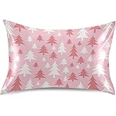 Christmas Trees Pillow Covers Silk Pillowcase for Hair and Skin with Envelope Closure Satin Pillowcase Standard Size Pillow Case for Bedroom Bed Sleeping (20x30 Inch)
