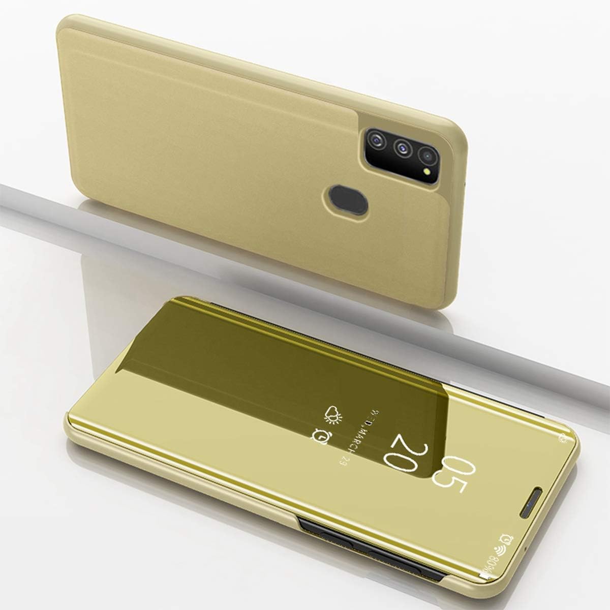 Galaxy M30s Case, CHIHENG Luxury Plating Translucent Clear View Mirror Flip Cover Stand Case for Samsung Galaxy M30s 6.4" Gold