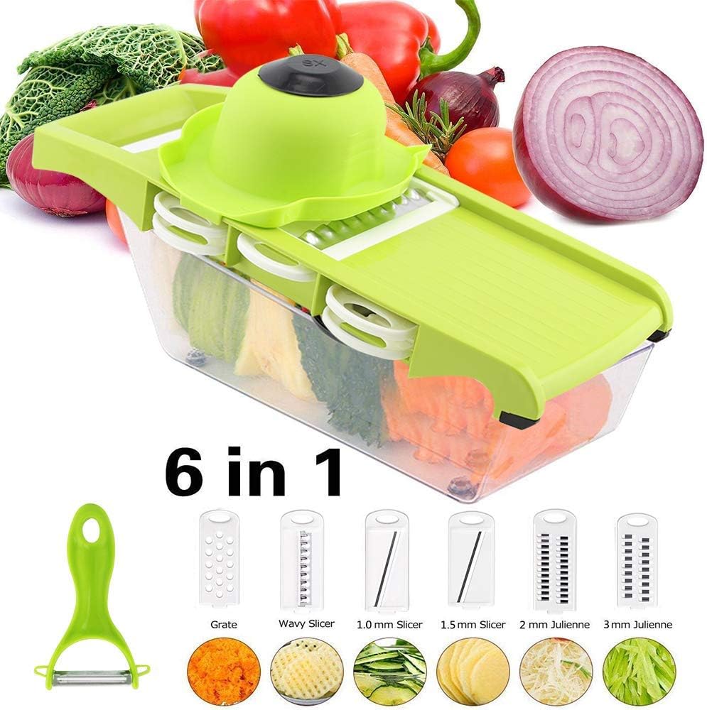 6 in 1 Multi-function Vegetable Slicer Kitchen Mandolin,Potato Chipper, Food Cutter with Storage Container and Peeler for Onion, Cucumber, Carrots, Fruits, Cheese (Green)