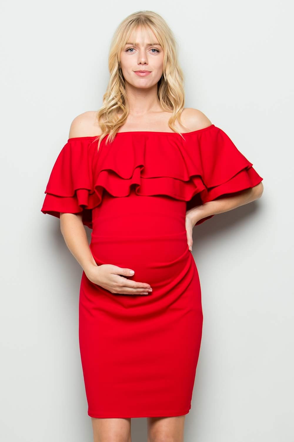 My Bump Double Layer Ruffle Maternity Dress-Fitted Off-Shoulder Baby Shower Pregnancy at  Women’s Clothing store