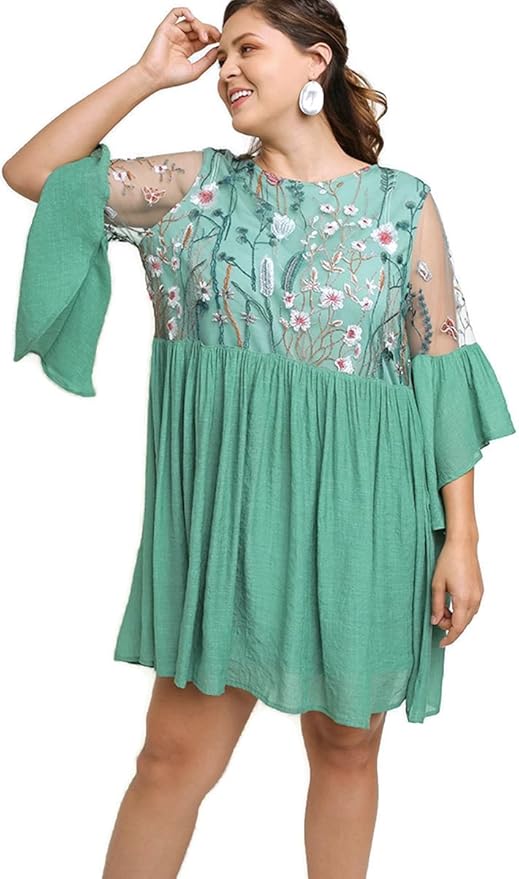 Umgee Women's Floral Embroidered Lace Keyhole Angel Sleeve Dress at Amazon Womenâs Clothing store
