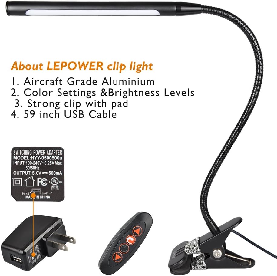 LEPOWER 4W Led Clip on Light/Reading Lights/Night Book Light/Clamp on Lights, 3 Color Temperature Settings Stepless Adjustable Brightness Clip Lamps for Desk, Bed Headboard, Computer and Piano - - 