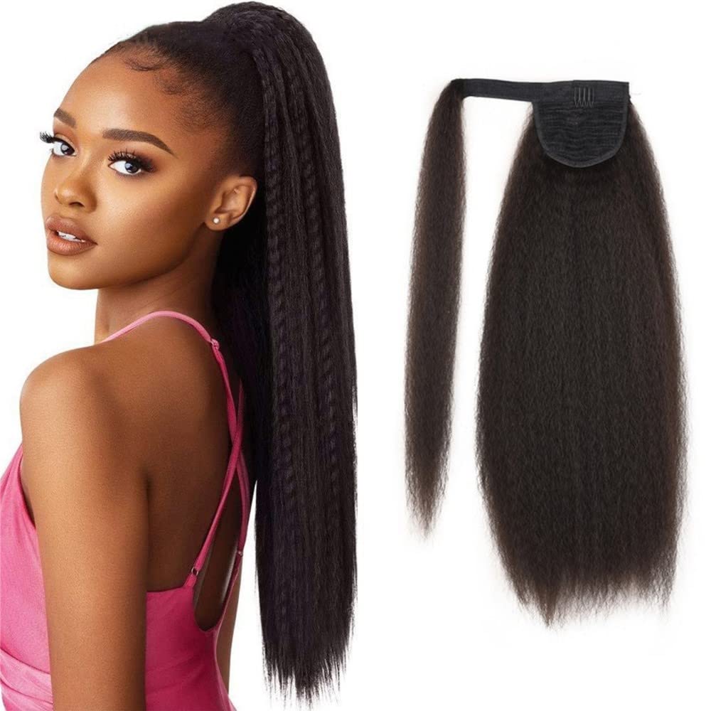 20" Kinky Straight Wrap Around Ponytail Extensions Clip in Yaki Straight Hairpieces Magic Paste Long Ponytail for Women Girls Brown Black