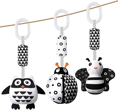 Aolso Baby Pram Pushchair Hanging Rattle Toys 3 Pack Black White High Contrast