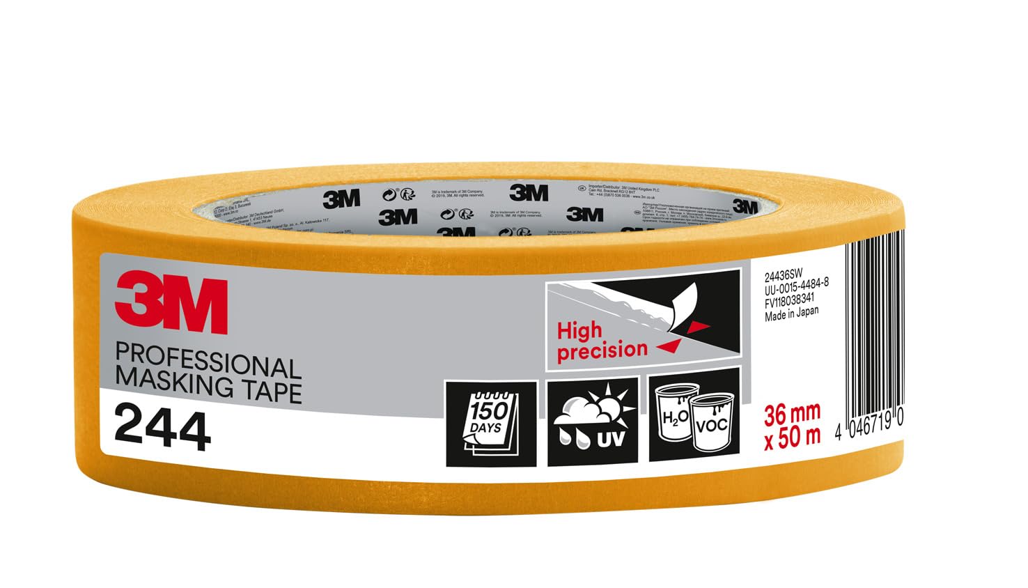 3M Professional Masking Tape 244, High Precision, Painters Tape - 1 Roll 36 mm x 50 m - Universal Surfaces, UV and Water Resistant, For Indoor & Outdoor