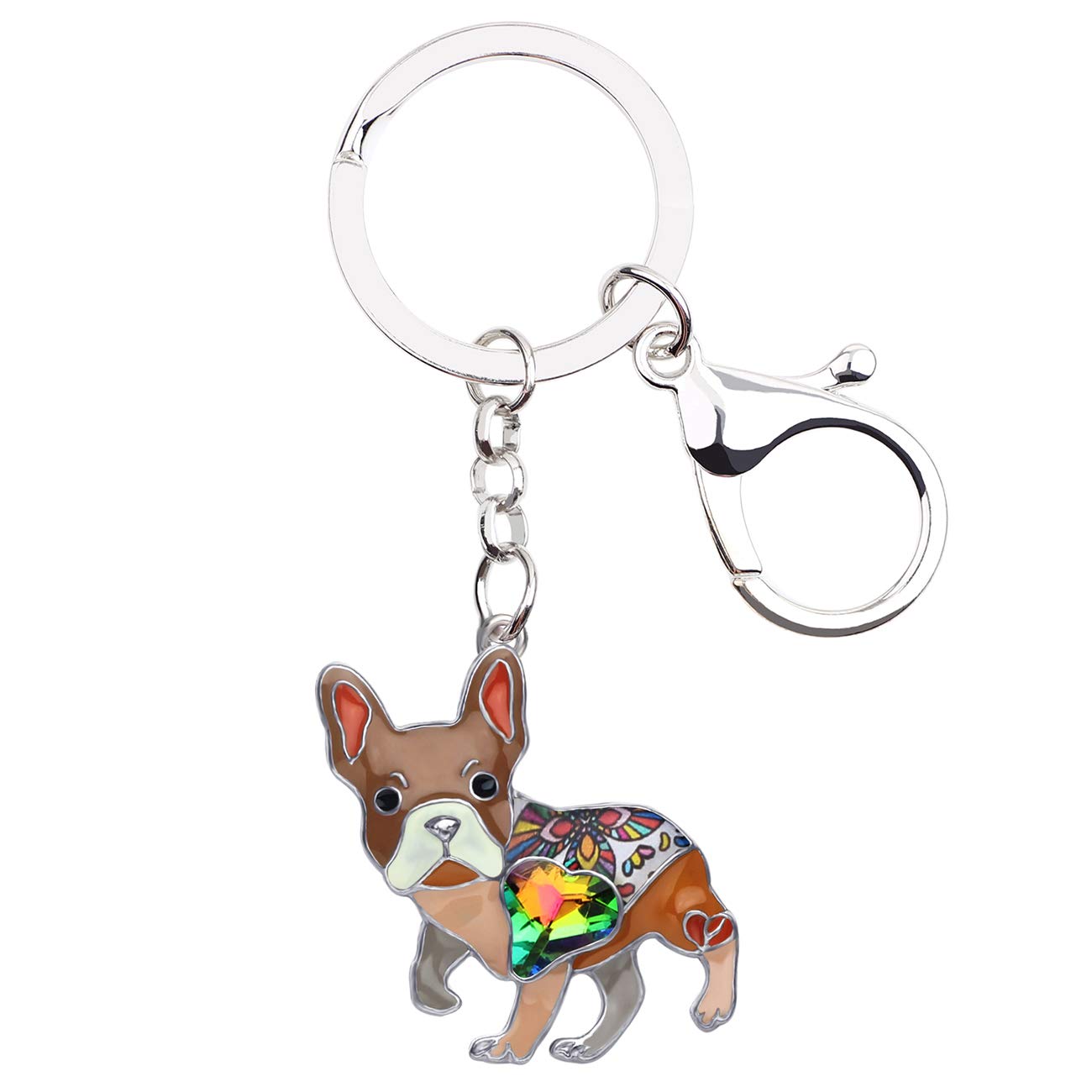 BONSNY Enamel Metal Heart Rhinestone French Bulldog Key Chains For Women Kids Car Purse bag Rings Charms Pets Gift (Brown)