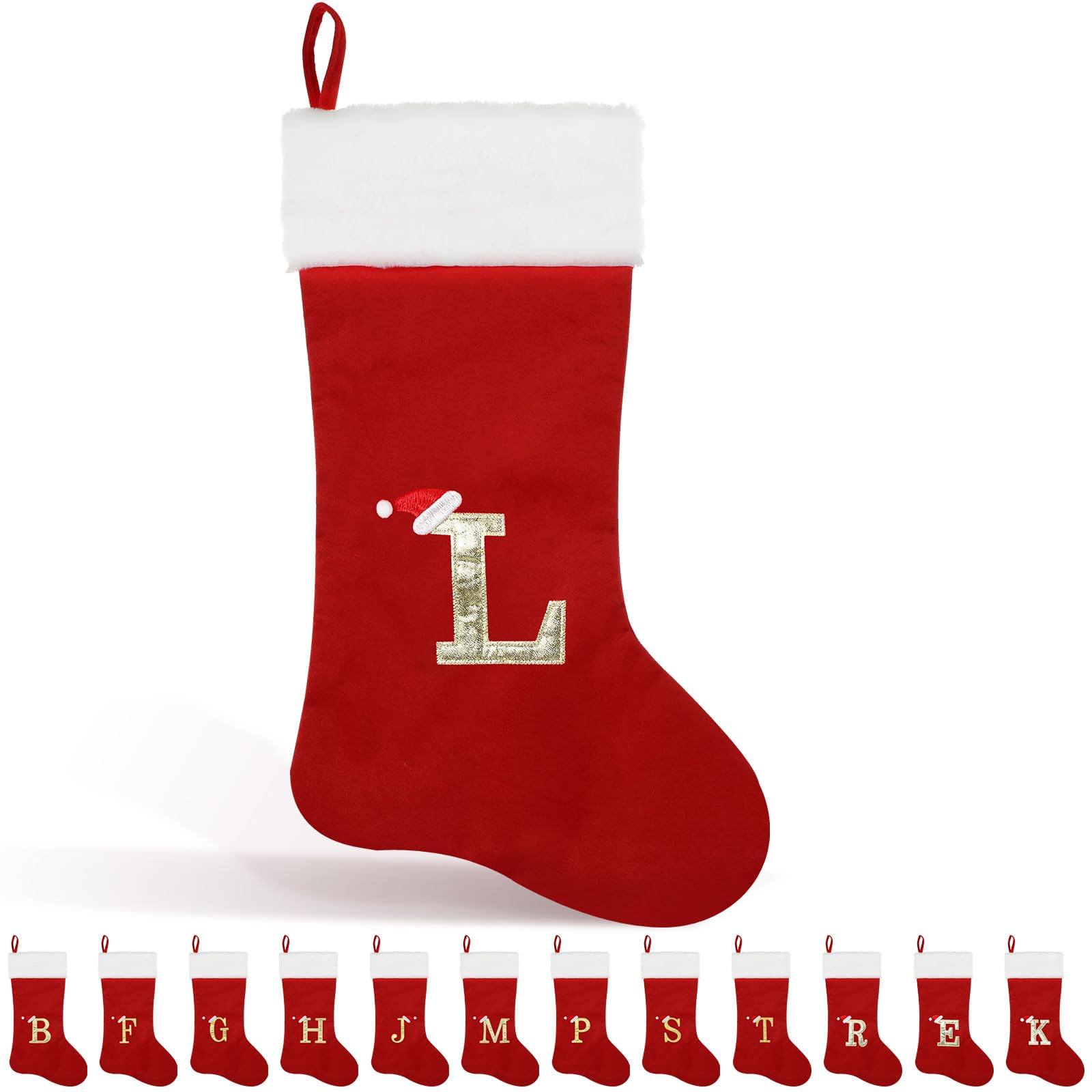 Photo 1 of Glimin 22 Inches Monogram Christmas Stocking with Letter Soft Velvet with White Plush Cuff Embroidered Initial Xmas Stockings for Christmas Holiday Fireplace Decoration Gifts (L Letter, Red)