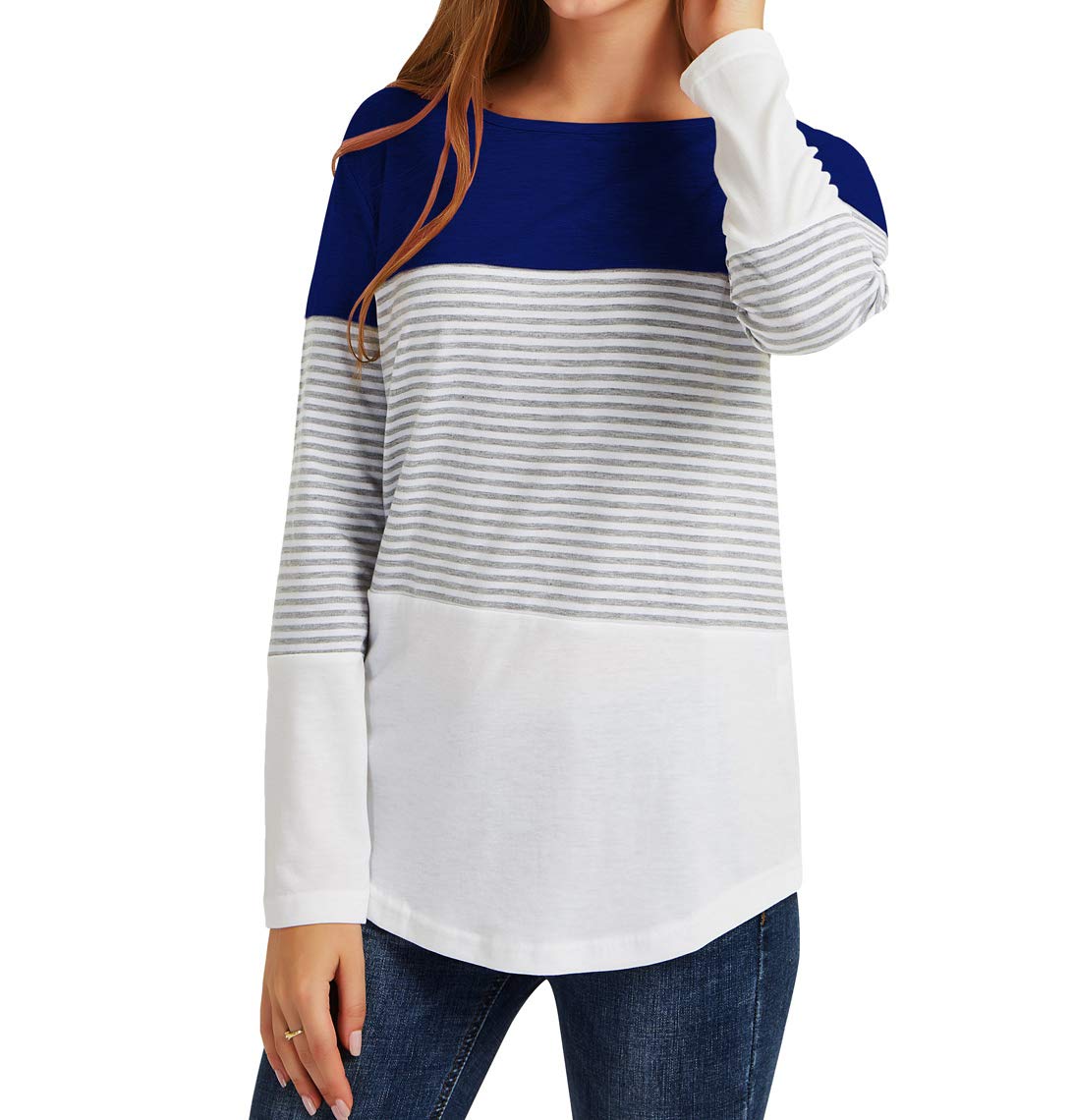 Gititlys Womens Striped Long Sleeve T-Shirts for Women Round Neck Loose T-Shirt（S-2XL） (M, A-Dark Blue)