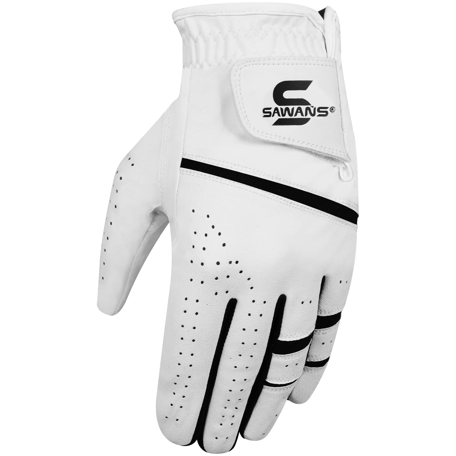 SAWANS Golf Glove Men's Durable Premium Leather Left Hand Right All Weather Grip Golfer Gloves Non Slip Flexible Golfing (White, M/L, Left)